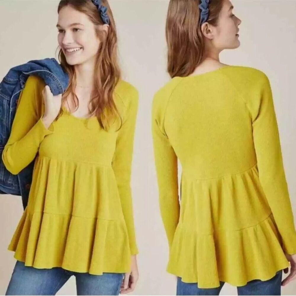 Maeve Anthropologie Size XS Yellow Waffle Knit Long Sleeve Samina Top